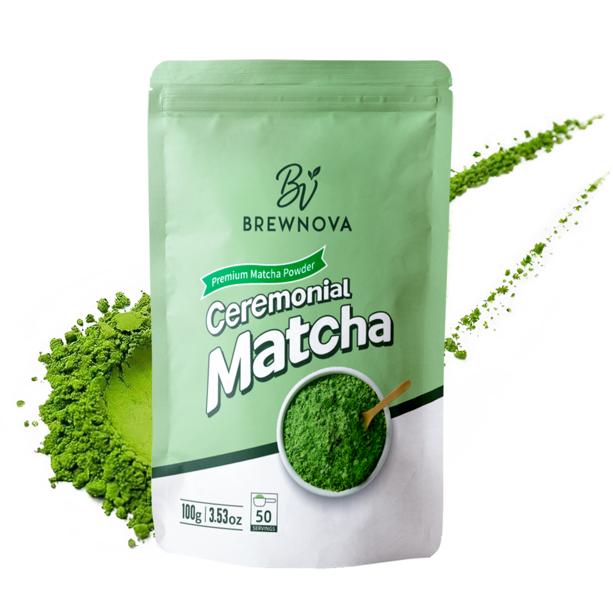 Brewnova Ceremonial Grade Matcha Powder - Premium Shade-Grown Stone-Milled First Harvest Unsweetened Gluten-Free Vegan Green Tea for Matcha Latte, Teas & Recipes, 3.53oz Double-Seal Pack(100g)