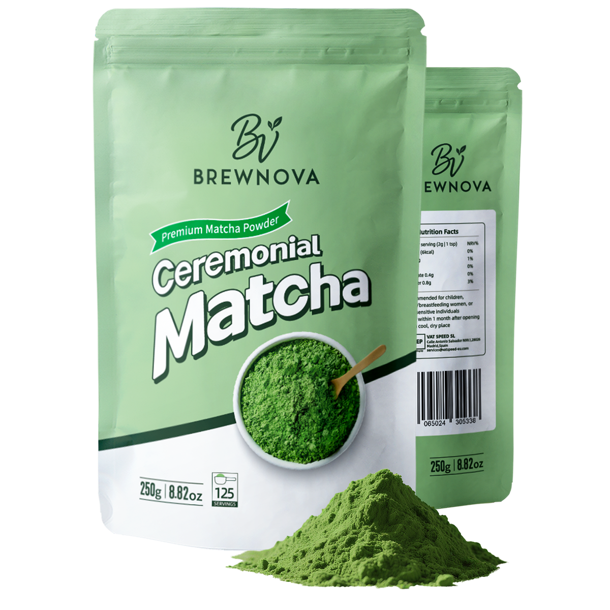 Brewnova Ceremonial Grade Matcha Powder - Premium Shade-Grown Stone-Milled First Harvest Unsweetened Gluten-Free Vegan Green Tea for Matcha Latte, Teas & Recipes, 8.82oz Double-Seal Pack(250g)