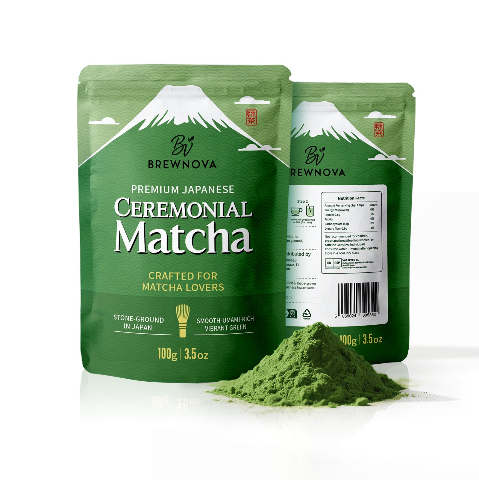 Brewnova Ceremonial Grade Matcha Powder - Japan Organic Shade-Grown Stone-Milled First Harvest Unsweetened Gluten-Free Vegan Green Tea for Matcha Latte, Teas & Recipes, 3.53oz Double-Seal Pack(100g)