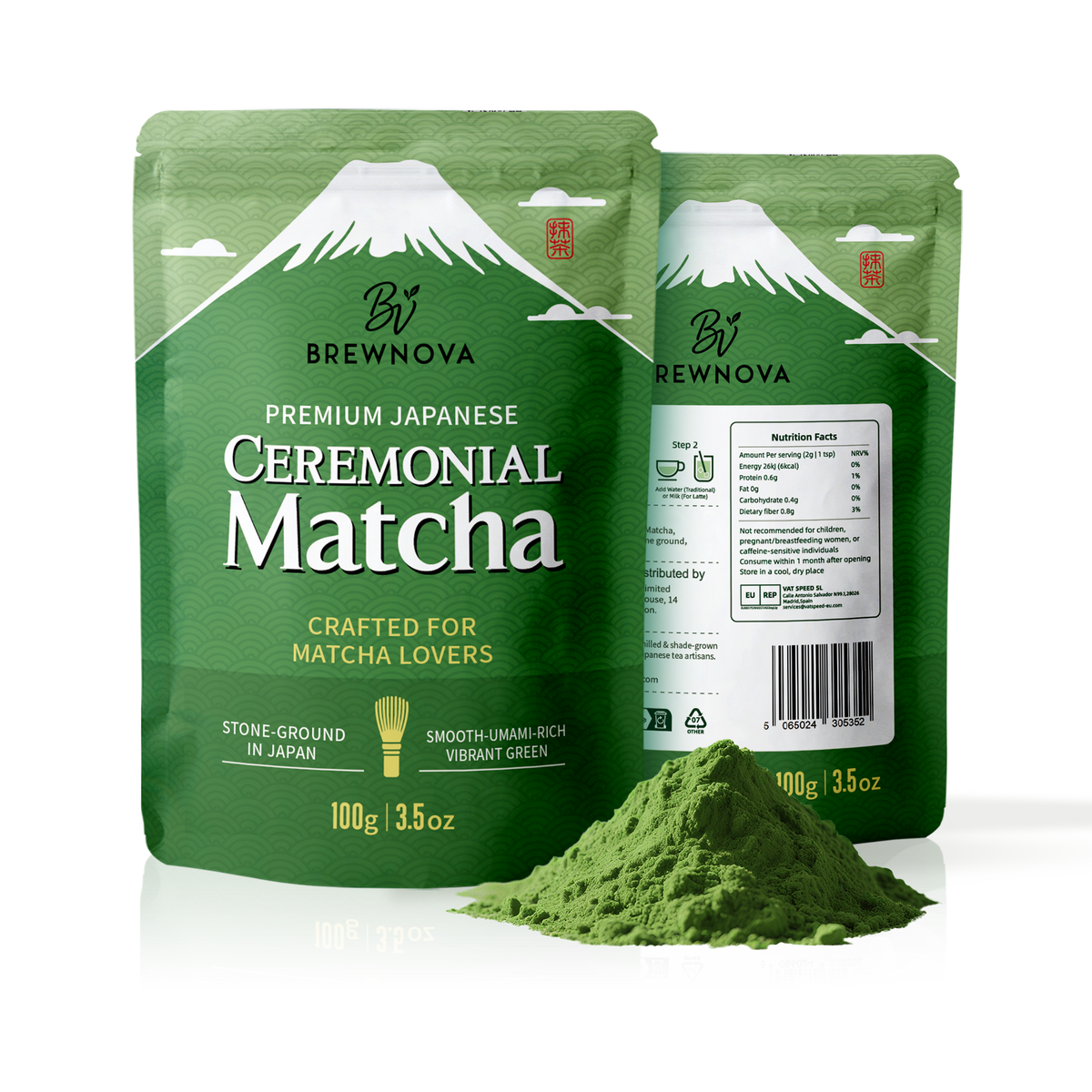 Brewnova Ceremonial Grade Matcha Powder - Japan Shade-Grown Stone-Milled First Harvest Unsweetened Gluten-Free Vegan Green Tea for Matcha Latte, Teas & Recipes, 3.53oz Double-Seal Pack(100g)