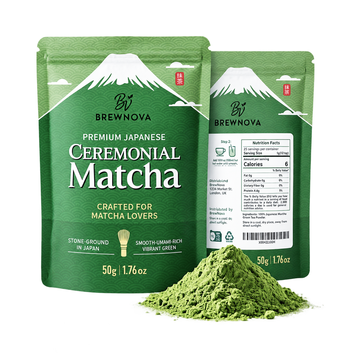 Brewnova Ceremonial Grade Matcha Powder - Japan Organic Shade-Grown Stone-Milled First Harvest Unsweetened Gluten-Free Vegan Green Tea for Matcha Latte, Teas & Recipes, 1.76oz Double-Seal Pack(50g)