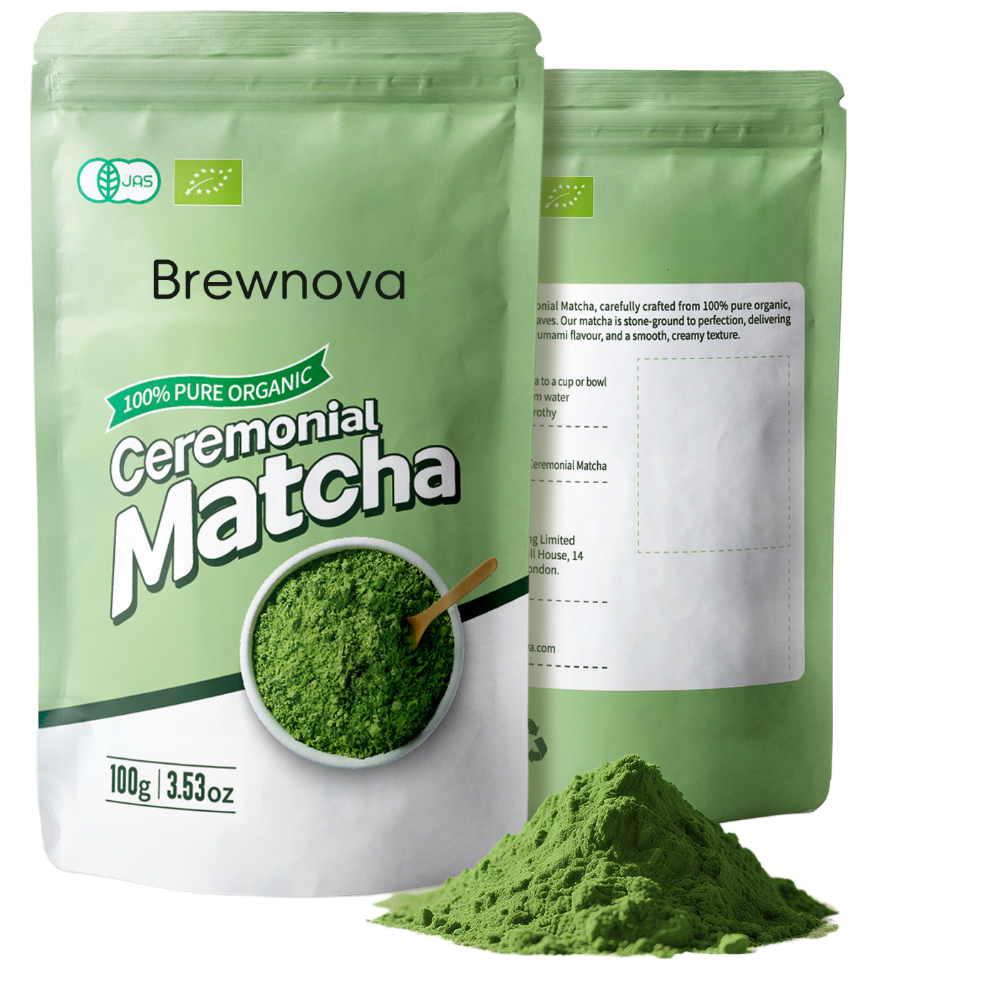 Brewnova Ceremonial Grade Matcha Powder - Premium Organic Shade-Grown Stone-Milled First Harvest Unsweetened Gluten-Free Vegan Green Tea for Matcha Latte, Teas & Recipes, 3.53oz Double-Seal Pack(100g)