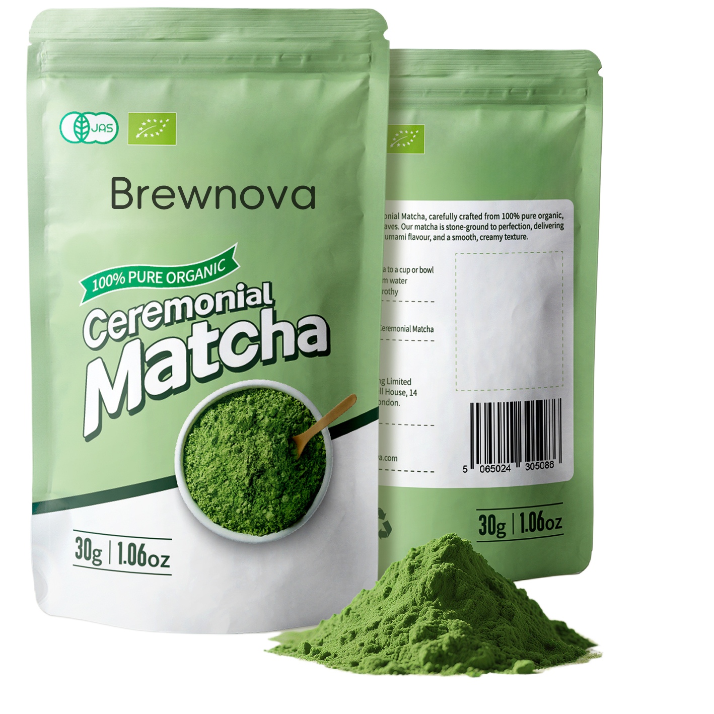 Brewnova Ceremonial Grade Matcha Powder - Premium Organic Shade-Grown Stone-Milled First Harvest Unsweetened Gluten-Free Vegan Green Tea for Matcha Latte, Teas & Recipes, 1.06oz Double-Seal Pack (30g)