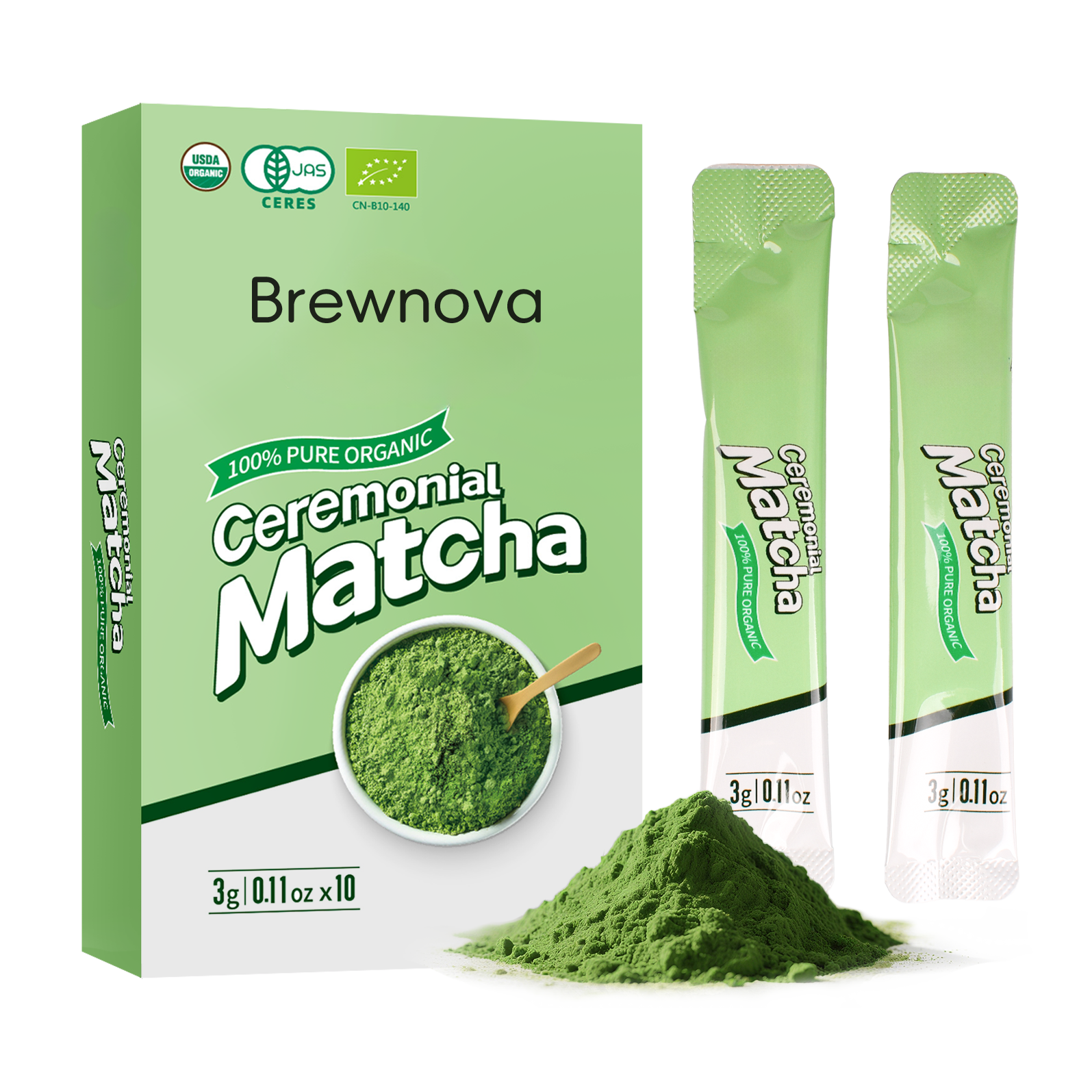 Brewnova Ceremonial Grade Matcha Powder - Premium Organic Shade-Grown Stone-Milled First Harvest Unsweetened Gluten-Free Vegan Green Tea for Matcha Latte, Teas & Recipes, 1.06oz, 10 sachets (3g*10)