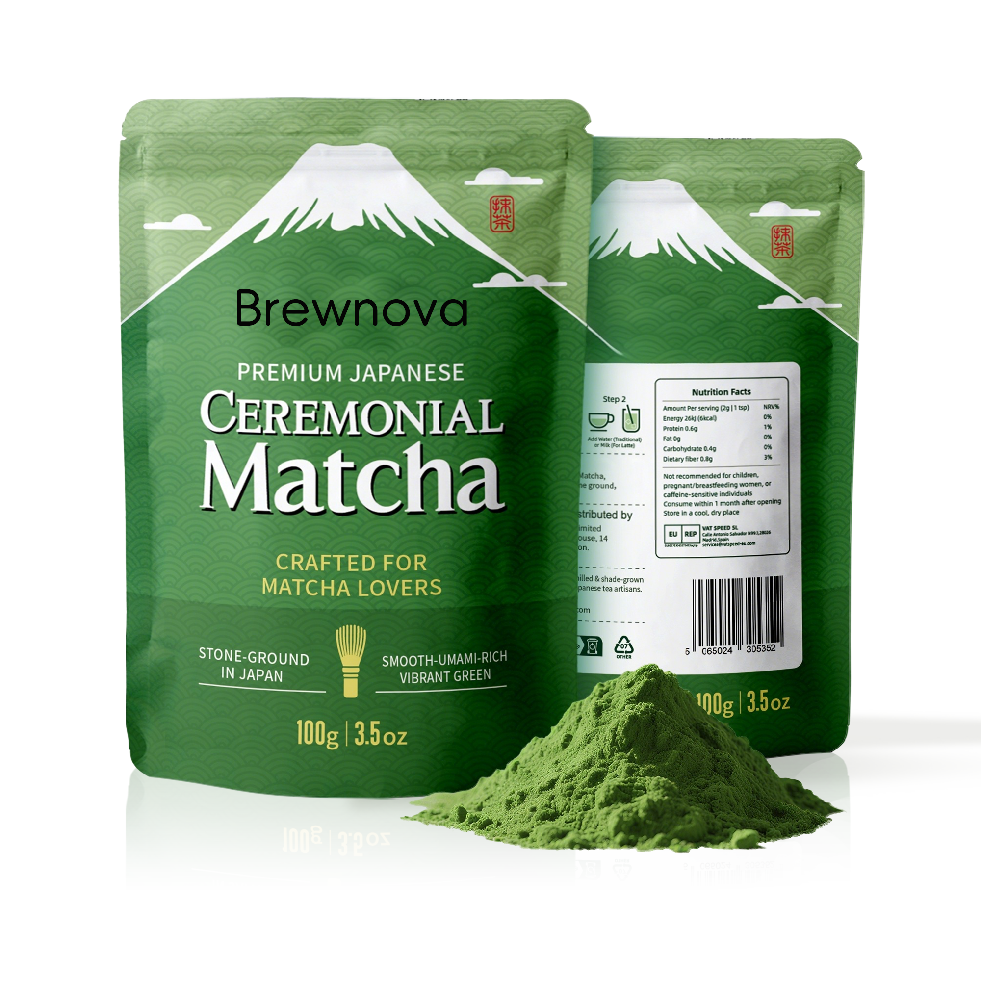 Brewnova Ceremonial Grade Matcha Powder - Japan Shade-Grown Stone-Milled First Harvest Unsweetened Gluten-Free Vegan Green Tea for Matcha Latte, Teas & Recipes, 3.53oz Double-Seal Pack(100g)